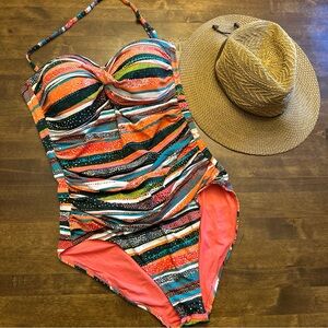 ANNE COLE Multi Sand Stripe Twist Front Bandeau One Piece Swimsuit & Hat 💕